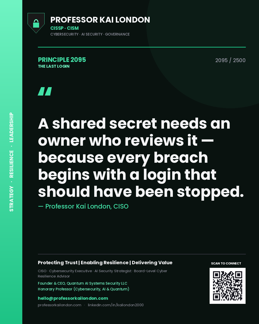 Professor Kai London principle 2095: A shared secret needs an owner who reviews it — because every breach begins with a login that should have been stopped.