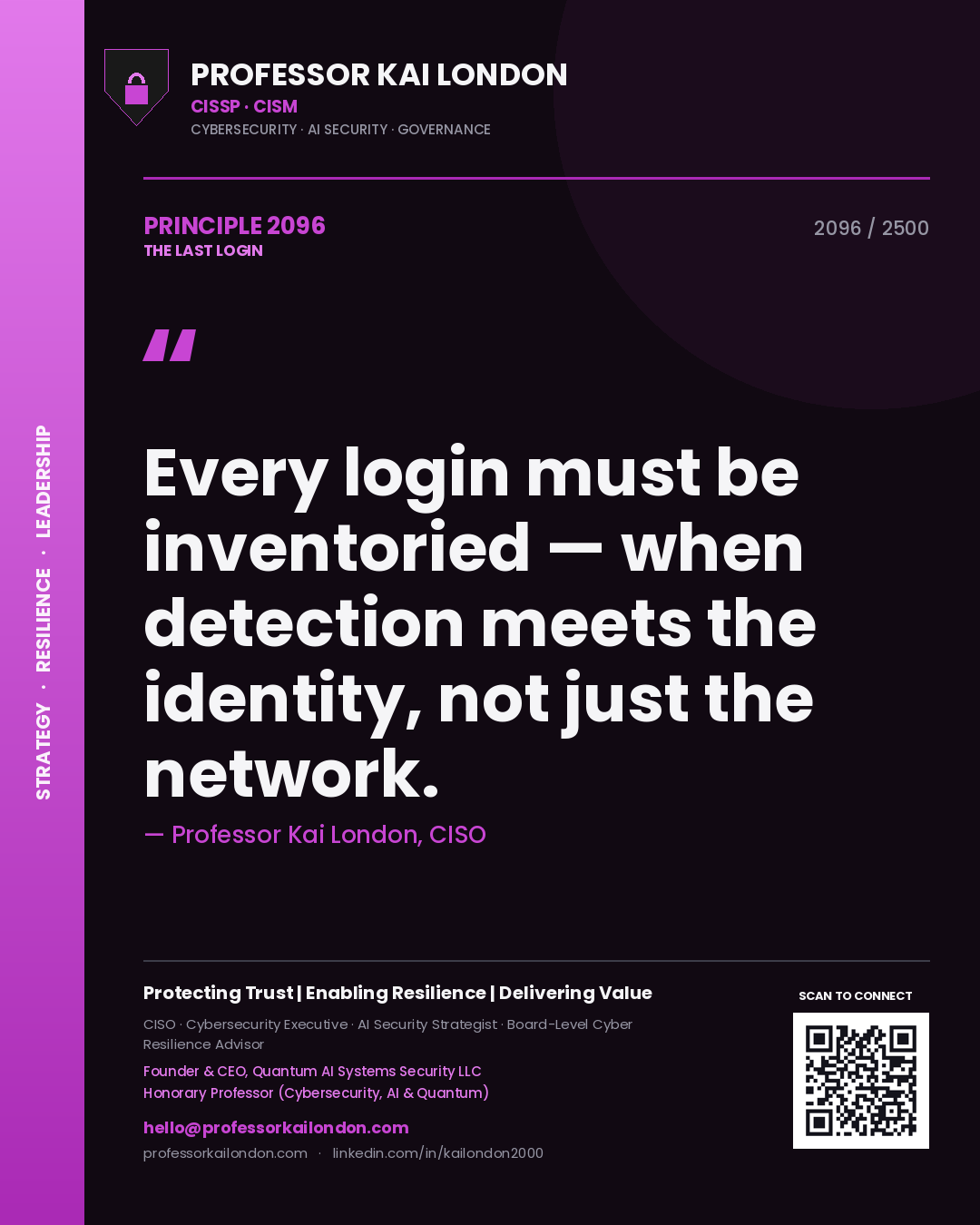 Professor Kai London principle 2096: Every login must be inventoried — when detection meets the identity, not just the network.