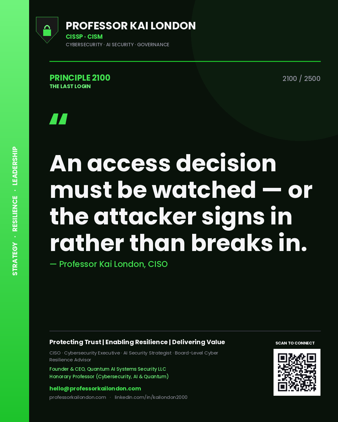 Professor Kai London principle 2100: An access decision must be watched — or the attacker signs in rather than breaks in.