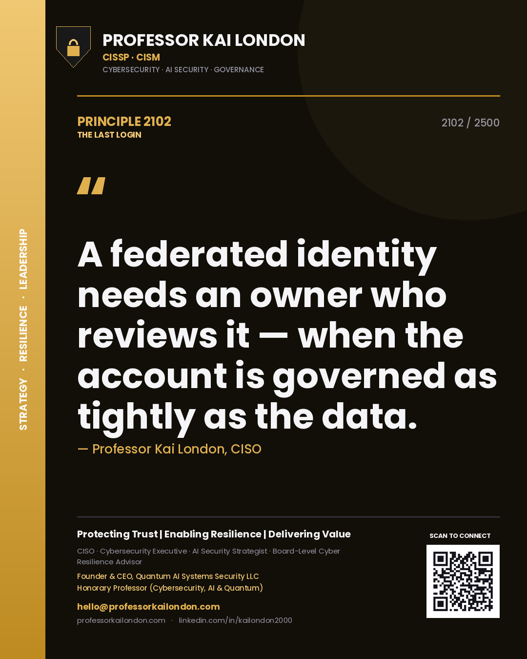 Professor Kai London principle 2102: A federated identity needs an owner who reviews it — when the account is governed as tightly as the data.