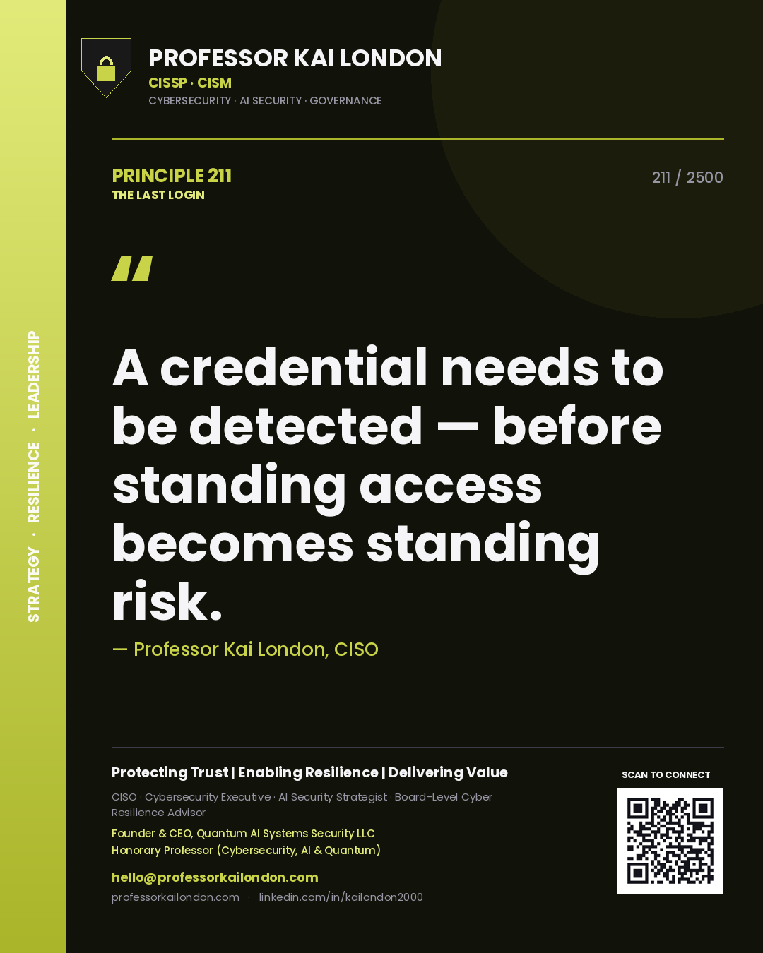 Professor Kai London principle 211: A credential needs to be detected — before standing access becomes standing risk.