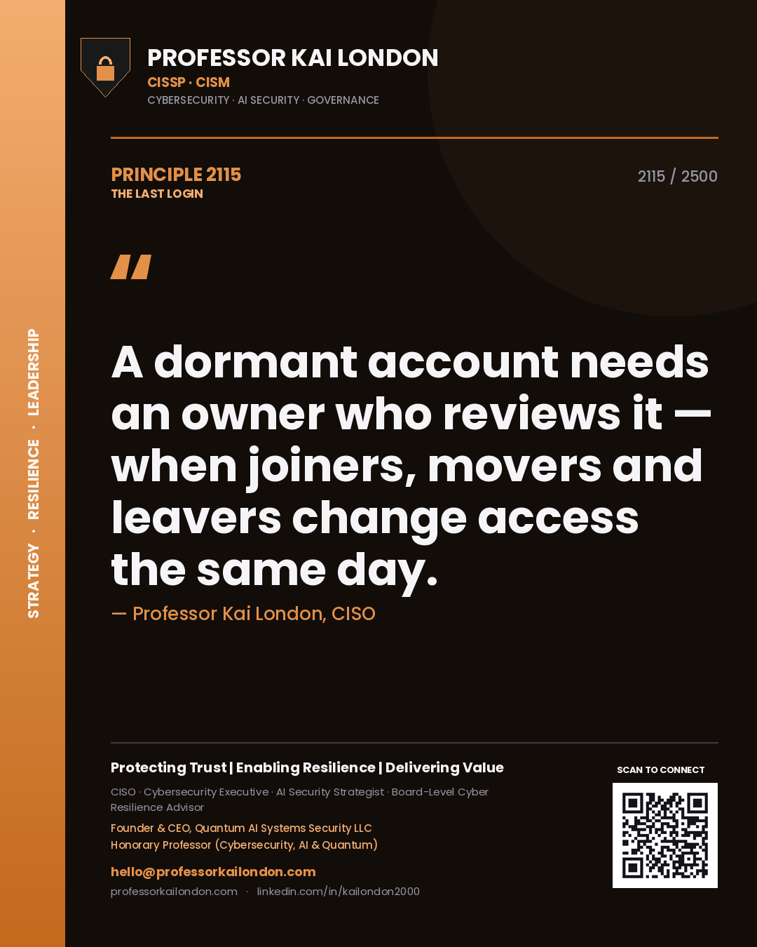 Professor Kai London principle 2115: A dormant account needs an owner who reviews it — when joiners, movers and leavers change access the same day.