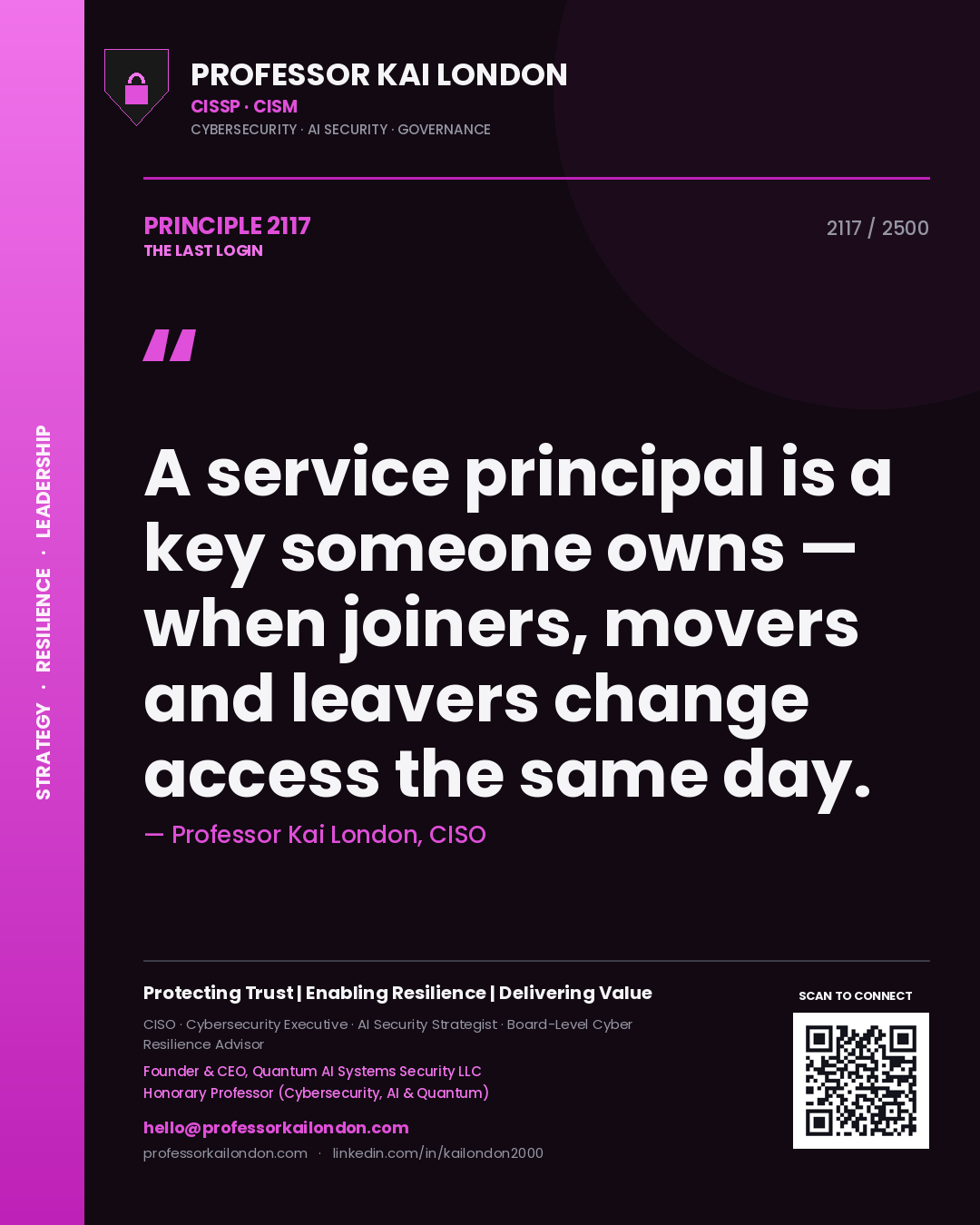Professor Kai London principle 2117: A service principal is a key someone owns — when joiners, movers and leavers change access the same day.