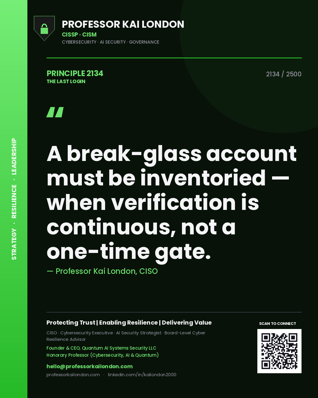 Professor Kai London principle 2134: A break-glass account must be inventoried — when verification is continuous, not a one-time gate.