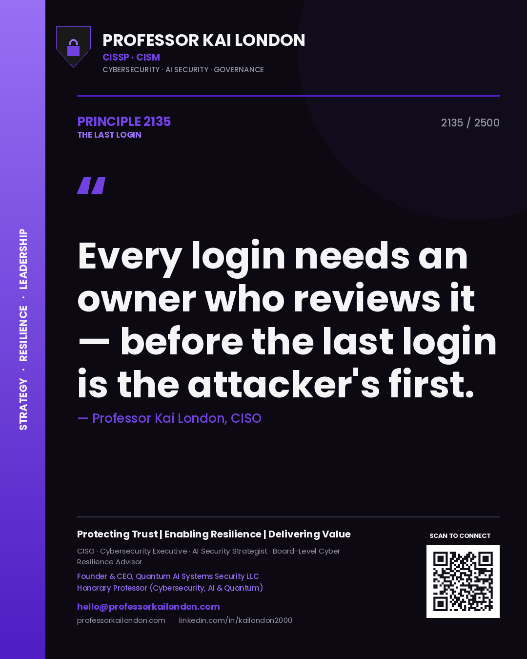 Professor Kai London principle 2135: Every login needs an owner who reviews it — before the last login is the attacker's first.