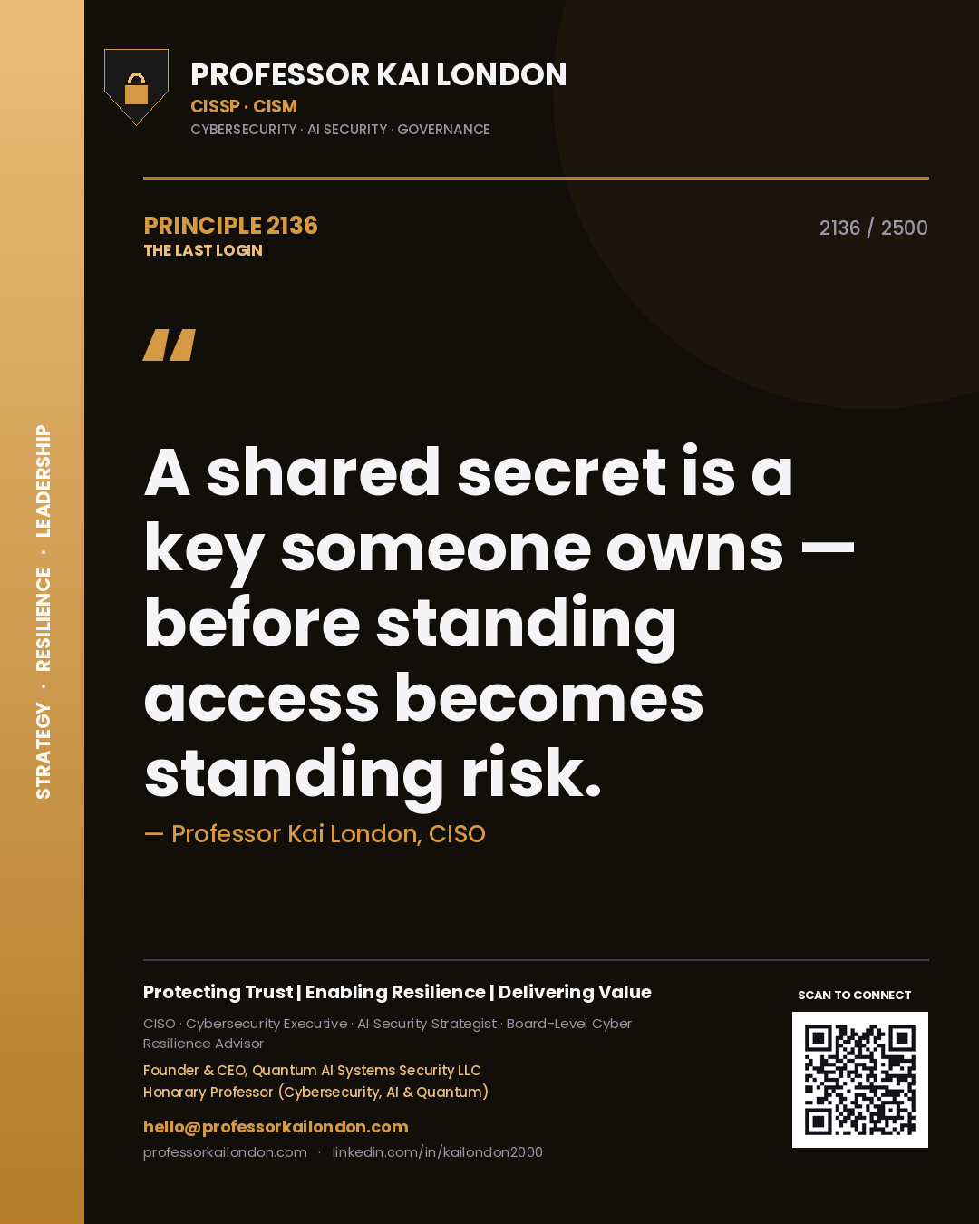 Professor Kai London principle 2136: A shared secret is a key someone owns — before standing access becomes standing risk.