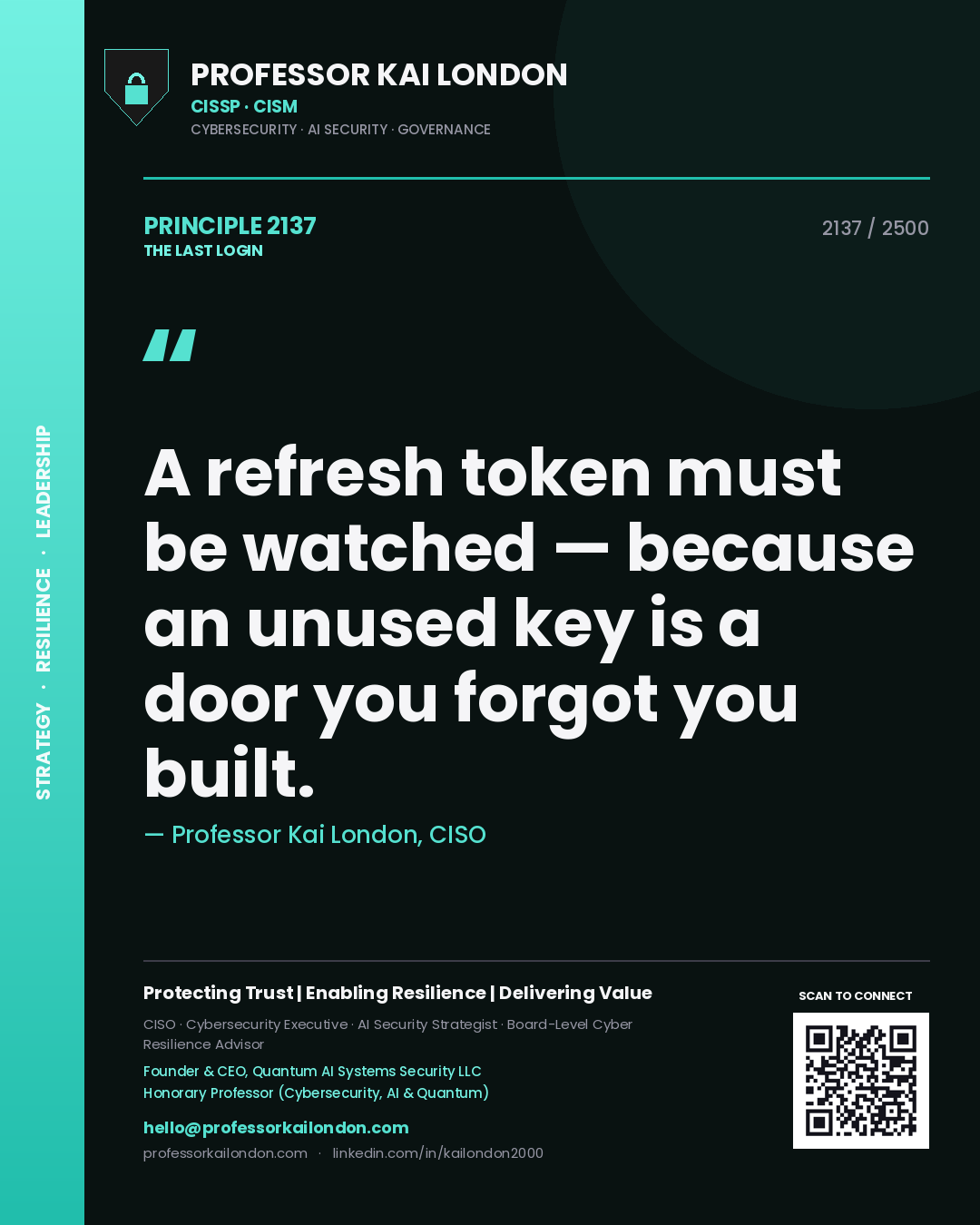 Professor Kai London principle 2137: A refresh token must be watched — because an unused key is a door you forgot you built.