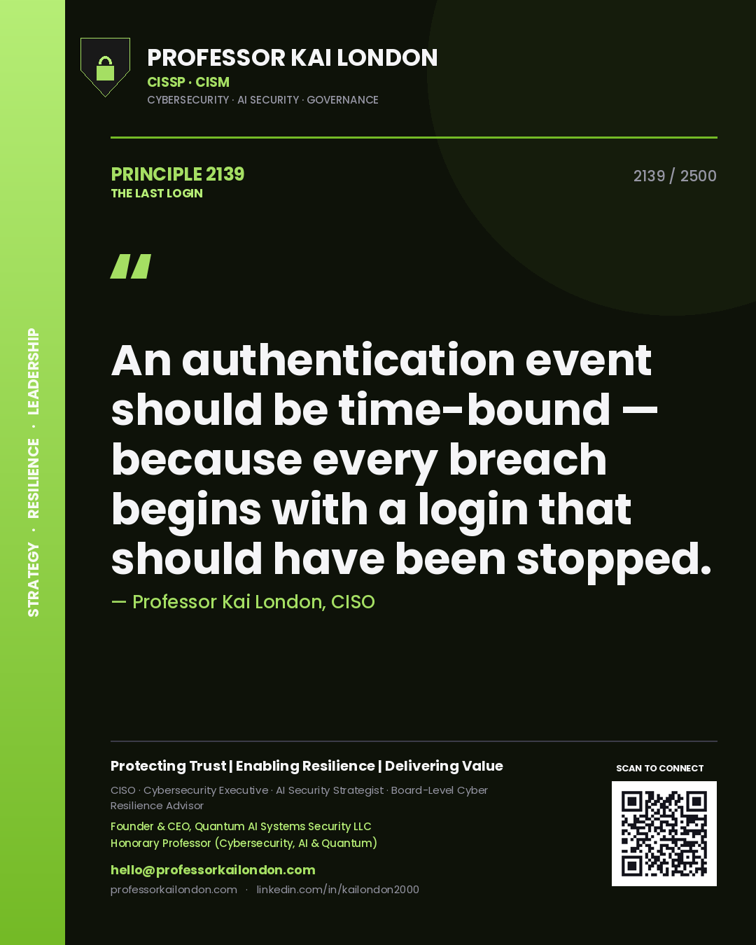 Professor Kai London principle 2139: An authentication event should be time-bound — because every breach begins with a login that should have been stopped.