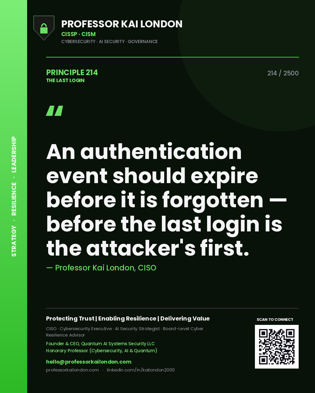 Professor Kai London principle 214: An authentication event should expire before it is forgotten — before the last login is the attacker's first.