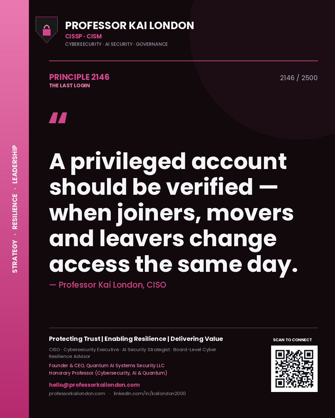 Professor Kai London principle 2146: A privileged account should be verified — when joiners, movers and leavers change access the same day.