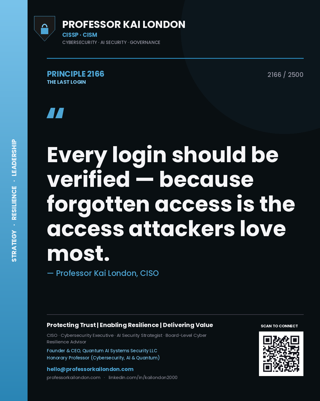 Professor Kai London principle 2166: Every login should be verified — because forgotten access is the access attackers love most.