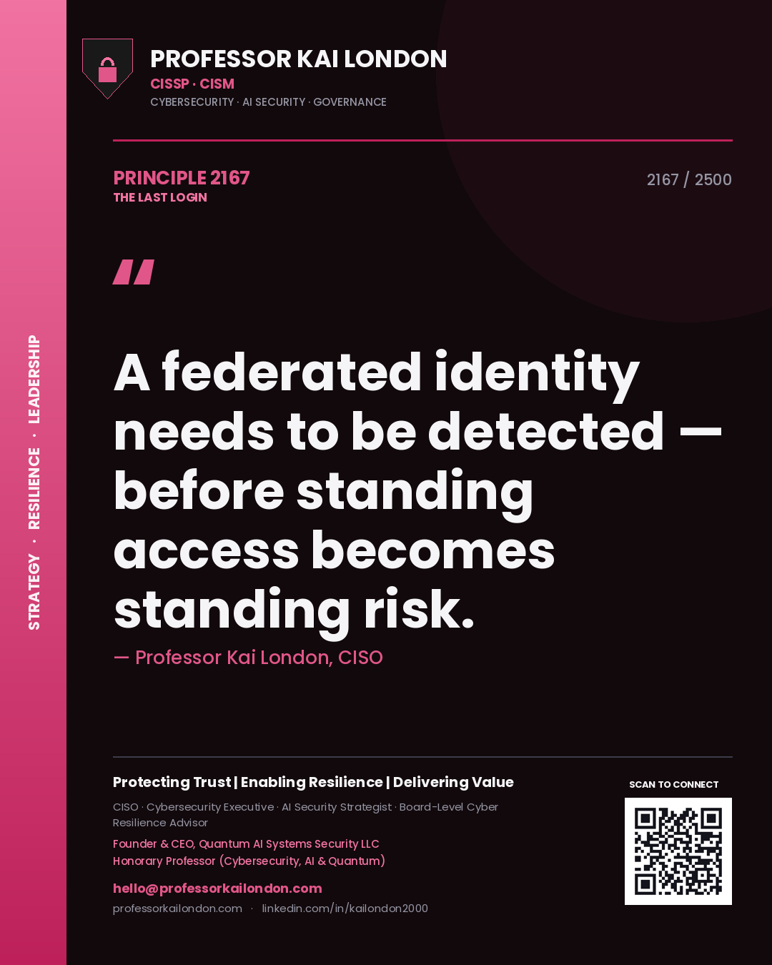 Professor Kai London principle 2167: A federated identity needs to be detected — before standing access becomes standing risk.