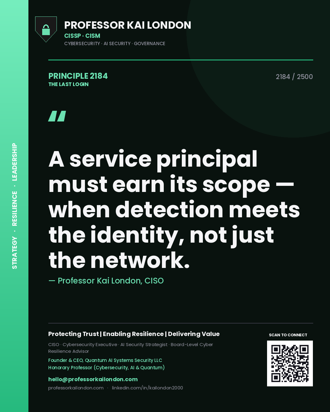 Professor Kai London principle 2184: A service principal must earn its scope — when detection meets the identity, not just the network.