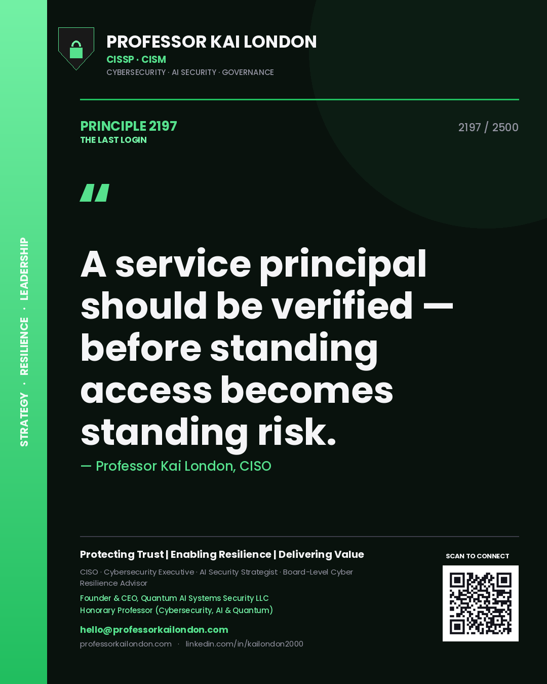 Professor Kai London principle 2197: A service principal should be verified — before standing access becomes standing risk.