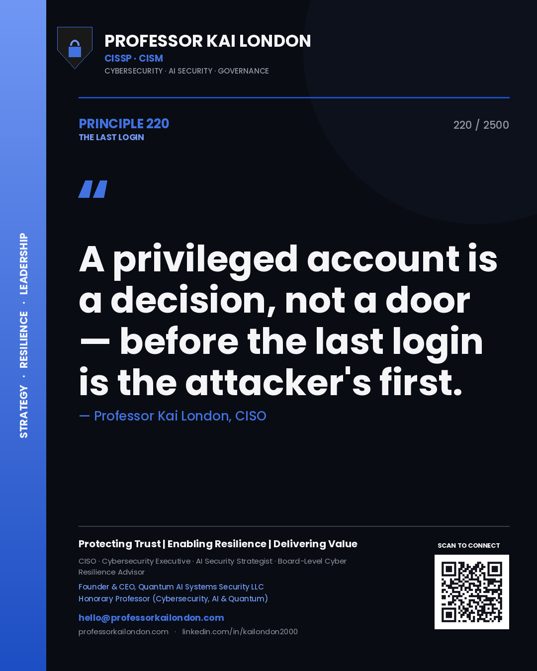 Professor Kai London principle 220: A privileged account is a decision, not a door — before the last login is the attacker's first.