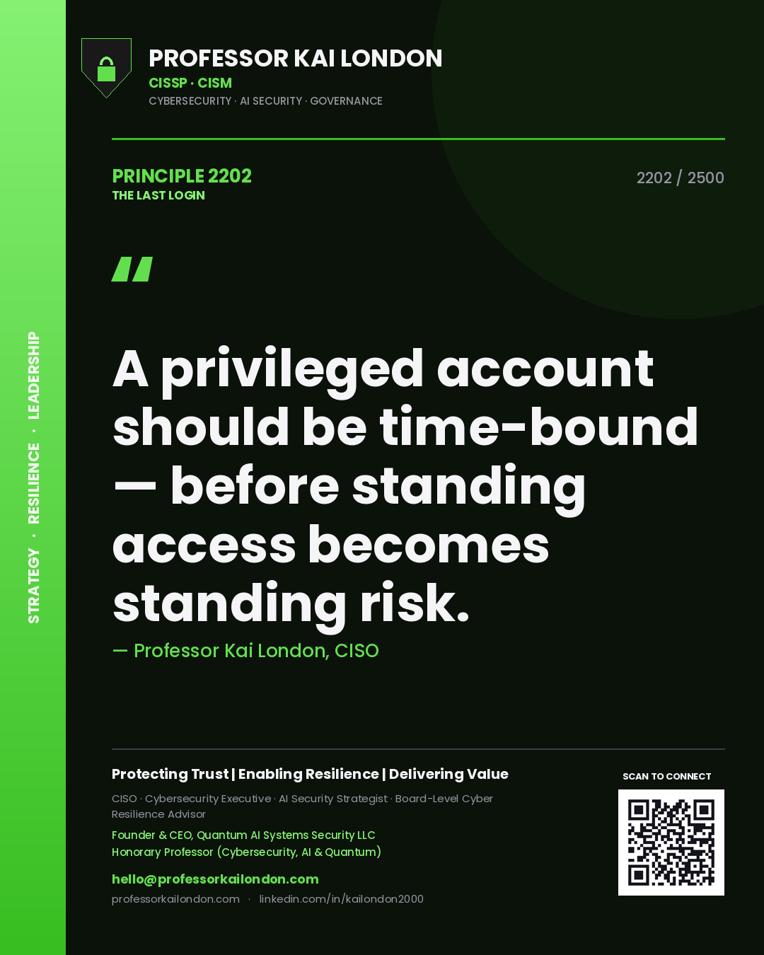 Professor Kai London principle 2202: A privileged account should be time-bound — before standing access becomes standing risk.