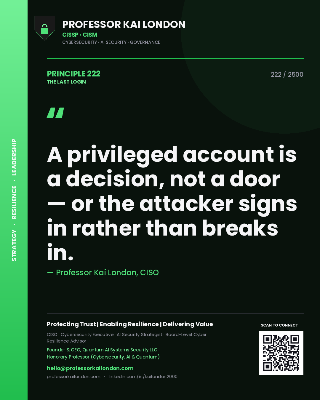Professor Kai London principle 222: A privileged account is a decision, not a door — or the attacker signs in rather than breaks in.