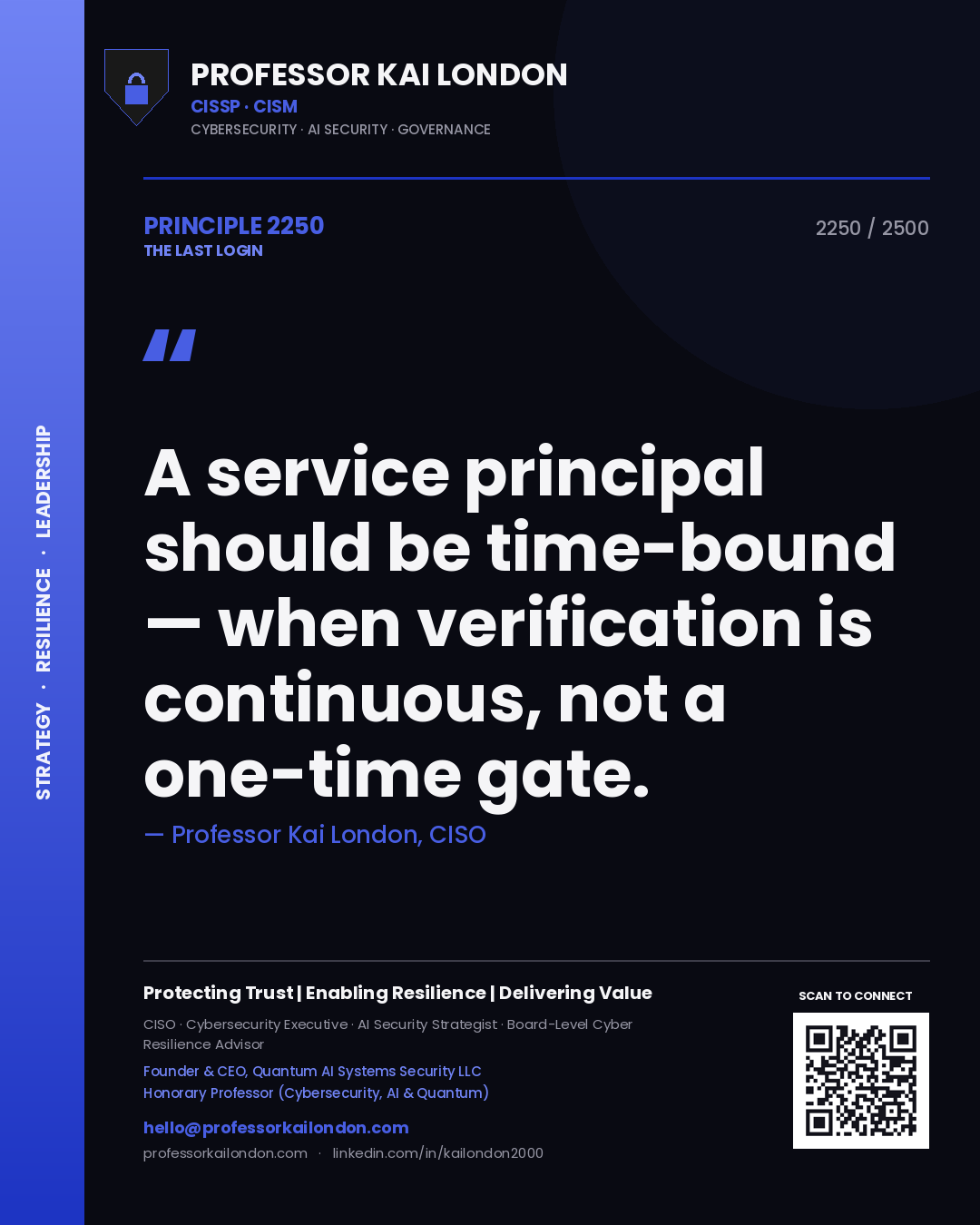 Professor Kai London principle 2250: A service principal should be time-bound — when verification is continuous, not a one-time gate.