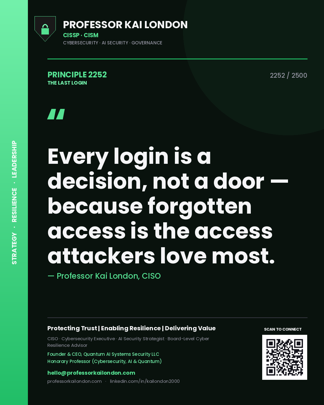 Professor Kai London principle 2252: Every login is a decision, not a door — because forgotten access is the access attackers love most.