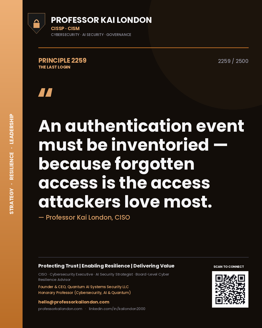 Professor Kai London principle 2259: An authentication event must be inventoried — because forgotten access is the access attackers love most.
