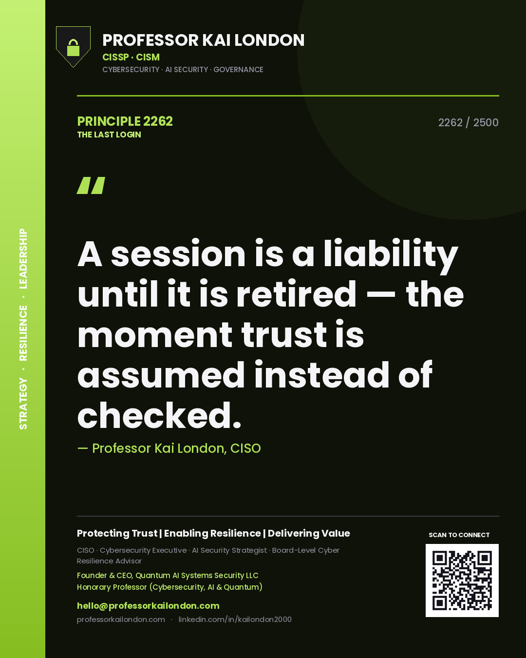 Professor Kai London principle 2262: A session is a liability until it is retired — the moment trust is assumed instead of checked.
