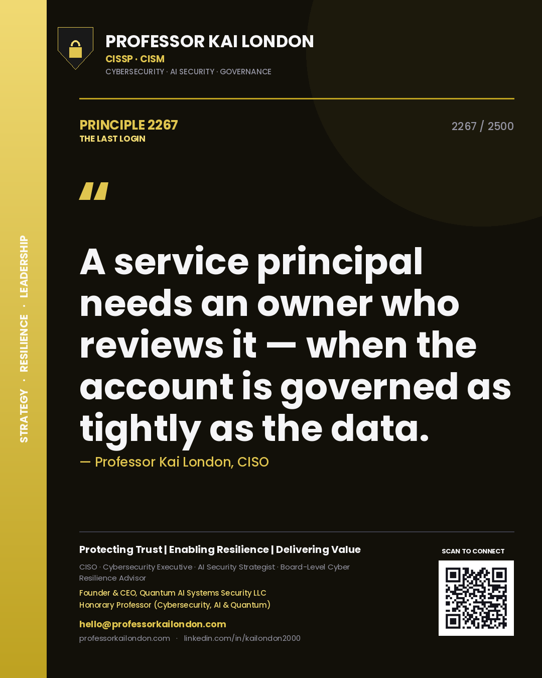 Professor Kai London principle 2267: A service principal needs an owner who reviews it — when the account is governed as tightly as the data.