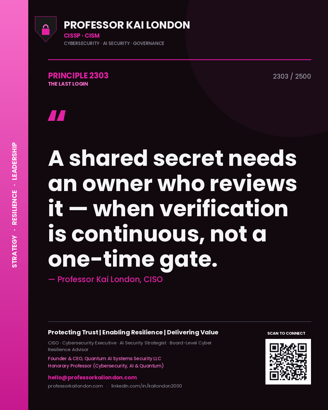 Professor Kai London principle 2303: A shared secret needs an owner who reviews it — when verification is continuous, not a one-time gate.