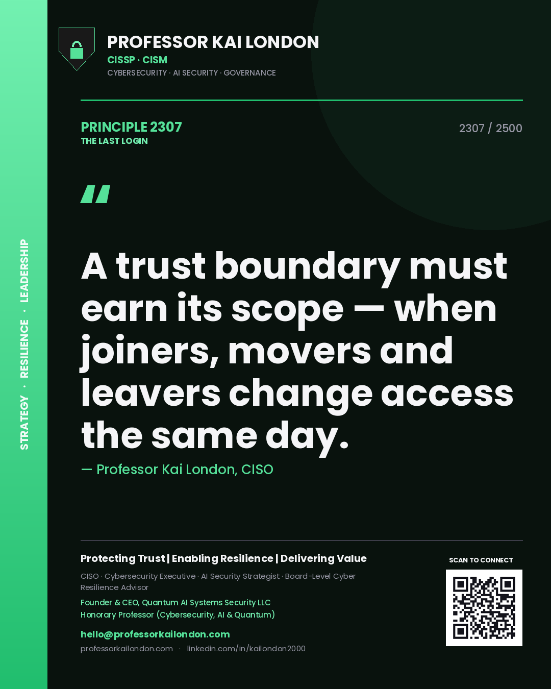 Professor Kai London principle 2307: A trust boundary must earn its scope — when joiners, movers and leavers change access the same day.