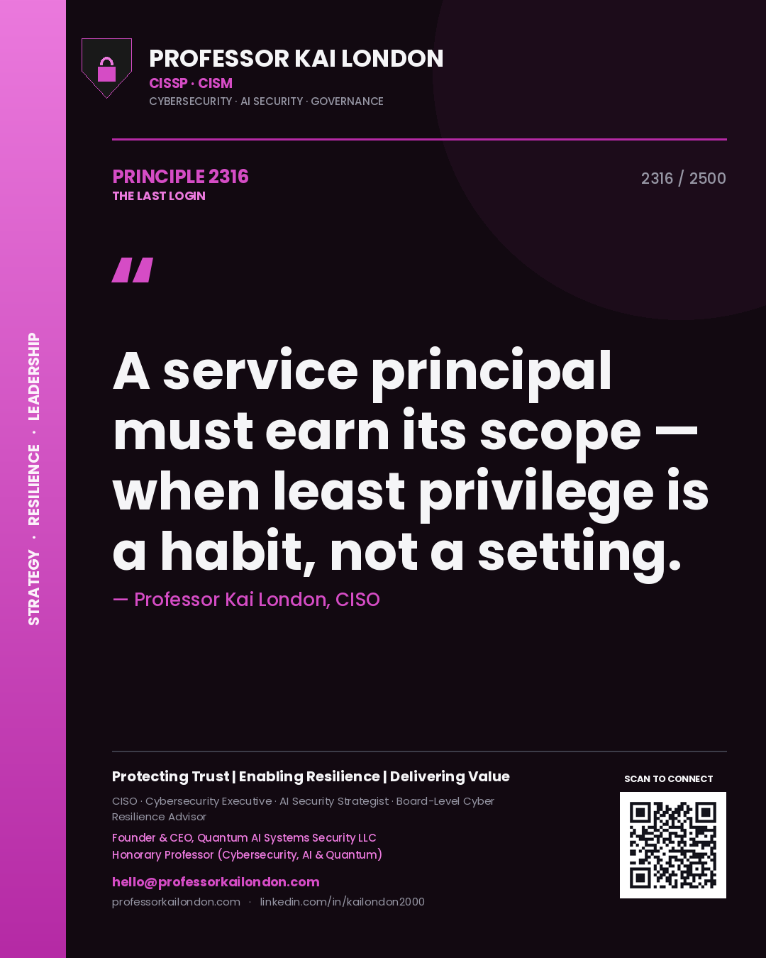 Professor Kai London principle 2316: A service principal must earn its scope — when least privilege is a habit, not a setting.