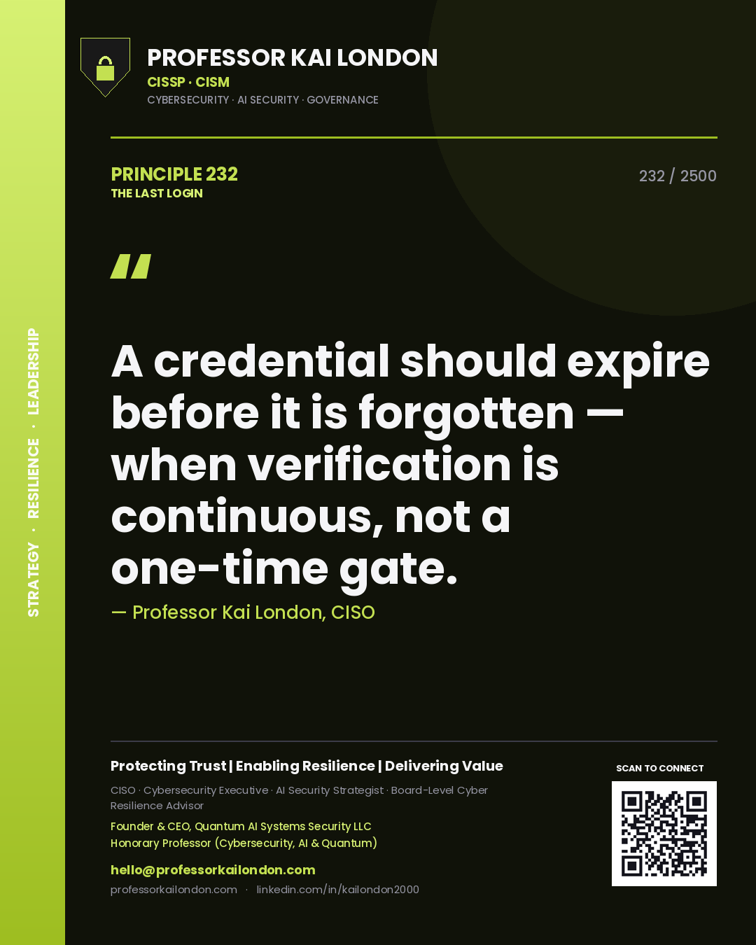 Professor Kai London principle 232: A credential should expire before it is forgotten — when verification is continuous, not a one-time gate.