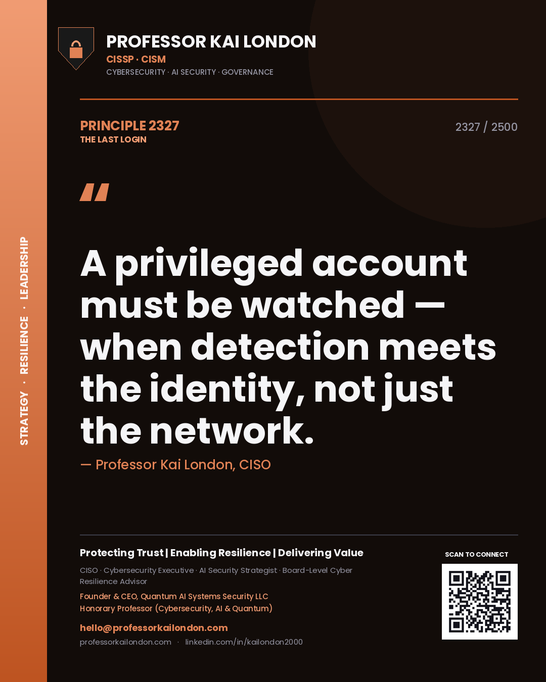 Professor Kai London principle 2327: A privileged account must be watched — when detection meets the identity, not just the network.