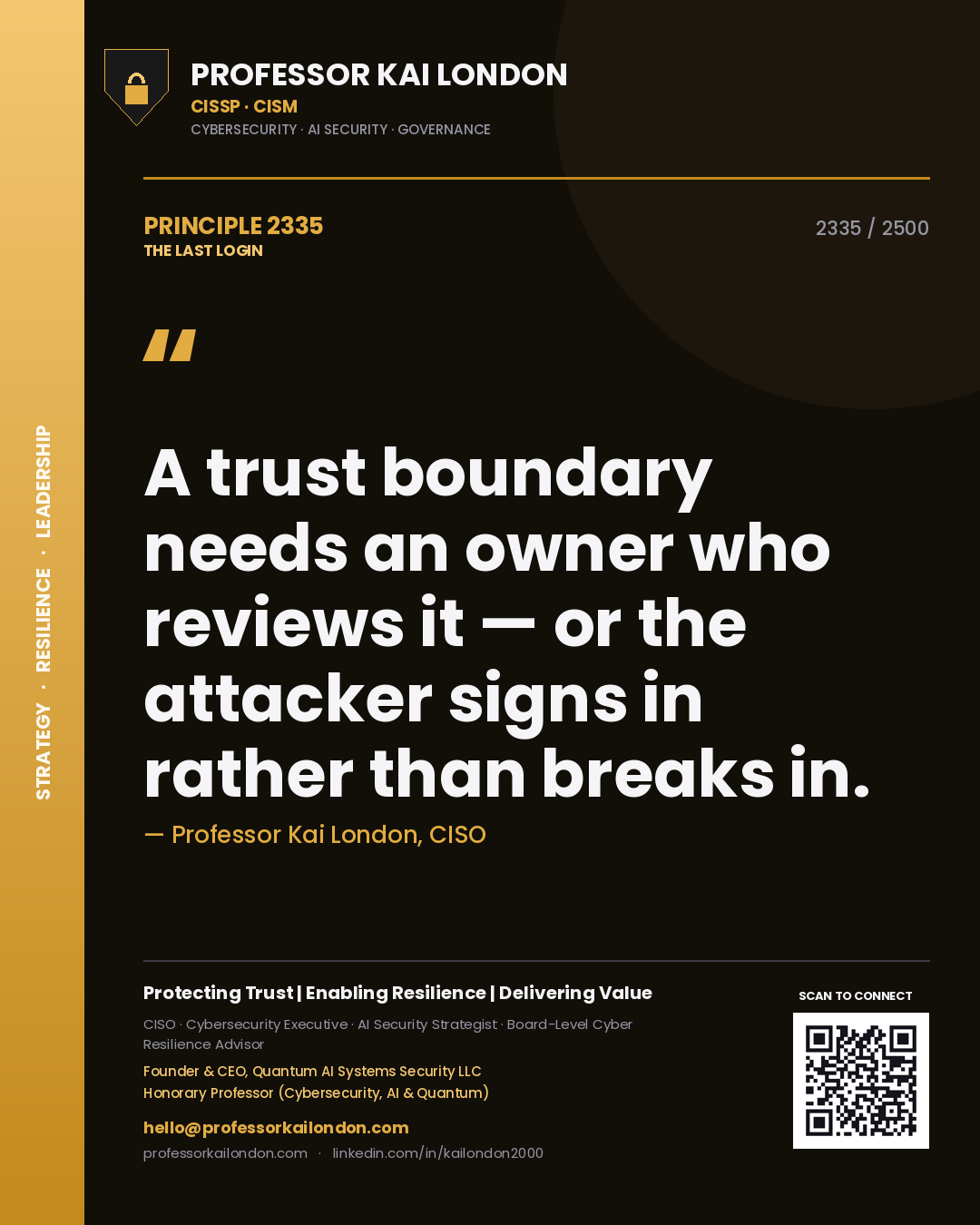 Professor Kai London principle 2335: A trust boundary needs an owner who reviews it — or the attacker signs in rather than breaks in.