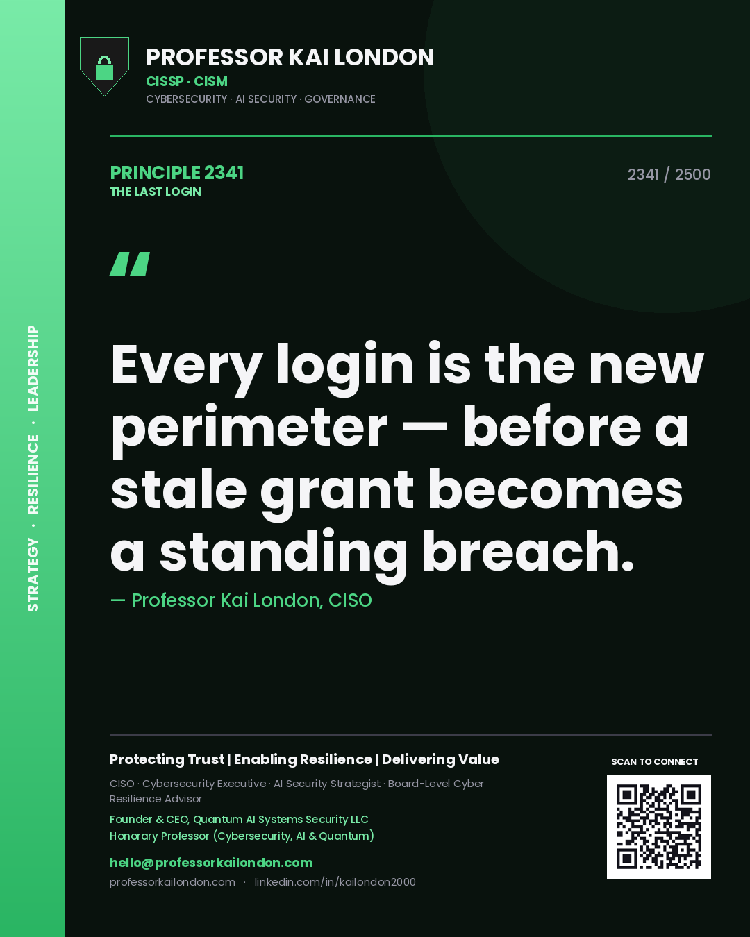 Professor Kai London principle 2341: Every login is the new perimeter — before a stale grant becomes a standing breach.