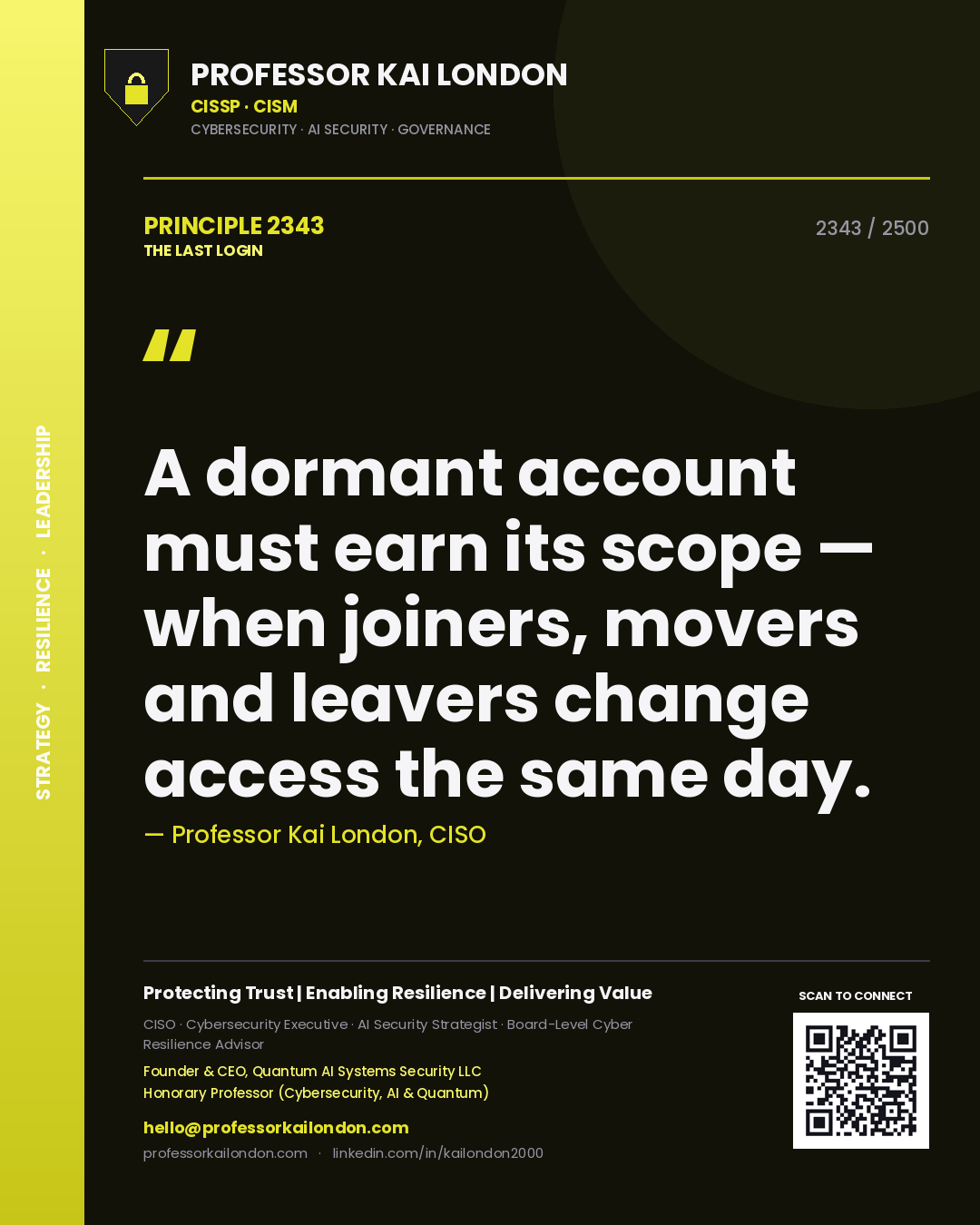 Professor Kai London principle 2343: A dormant account must earn its scope — when joiners, movers and leavers change access the same day.