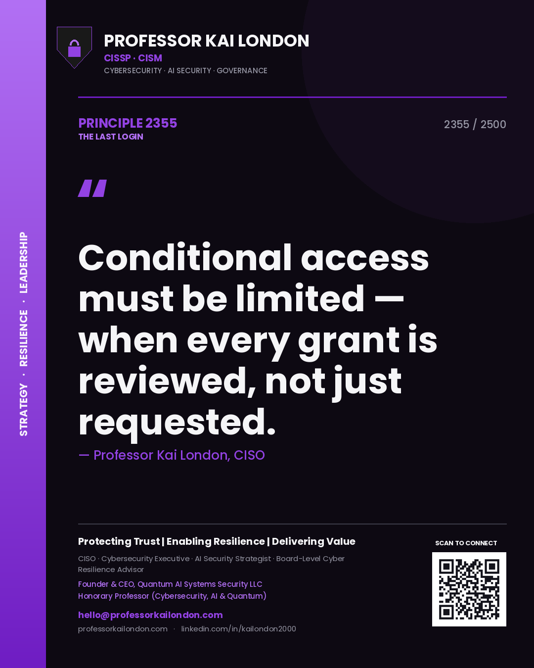 Professor Kai London principle 2355: Conditional access must be limited — when every grant is reviewed, not just requested.
