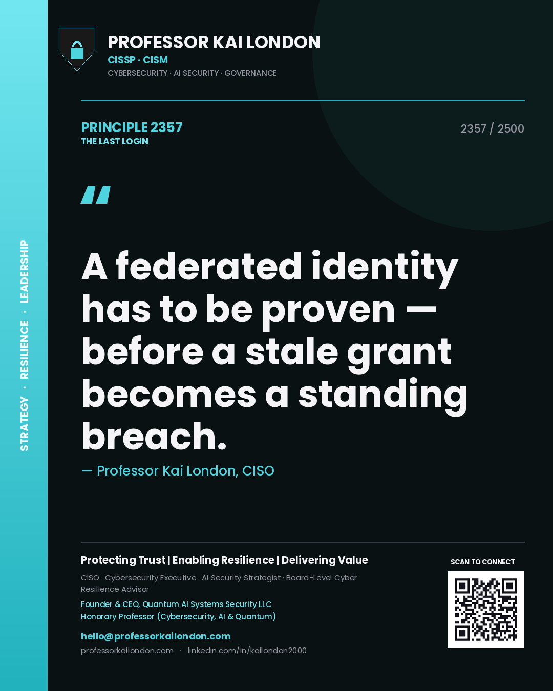 Professor Kai London principle 2357: A federated identity has to be proven — before a stale grant becomes a standing breach.