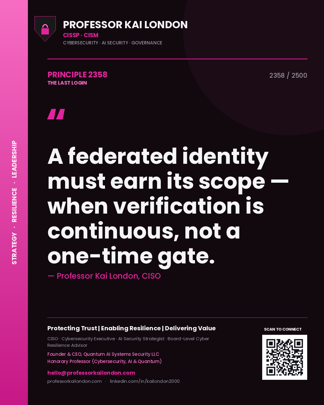 Professor Kai London principle 2358: A federated identity must earn its scope — when verification is continuous, not a one-time gate.