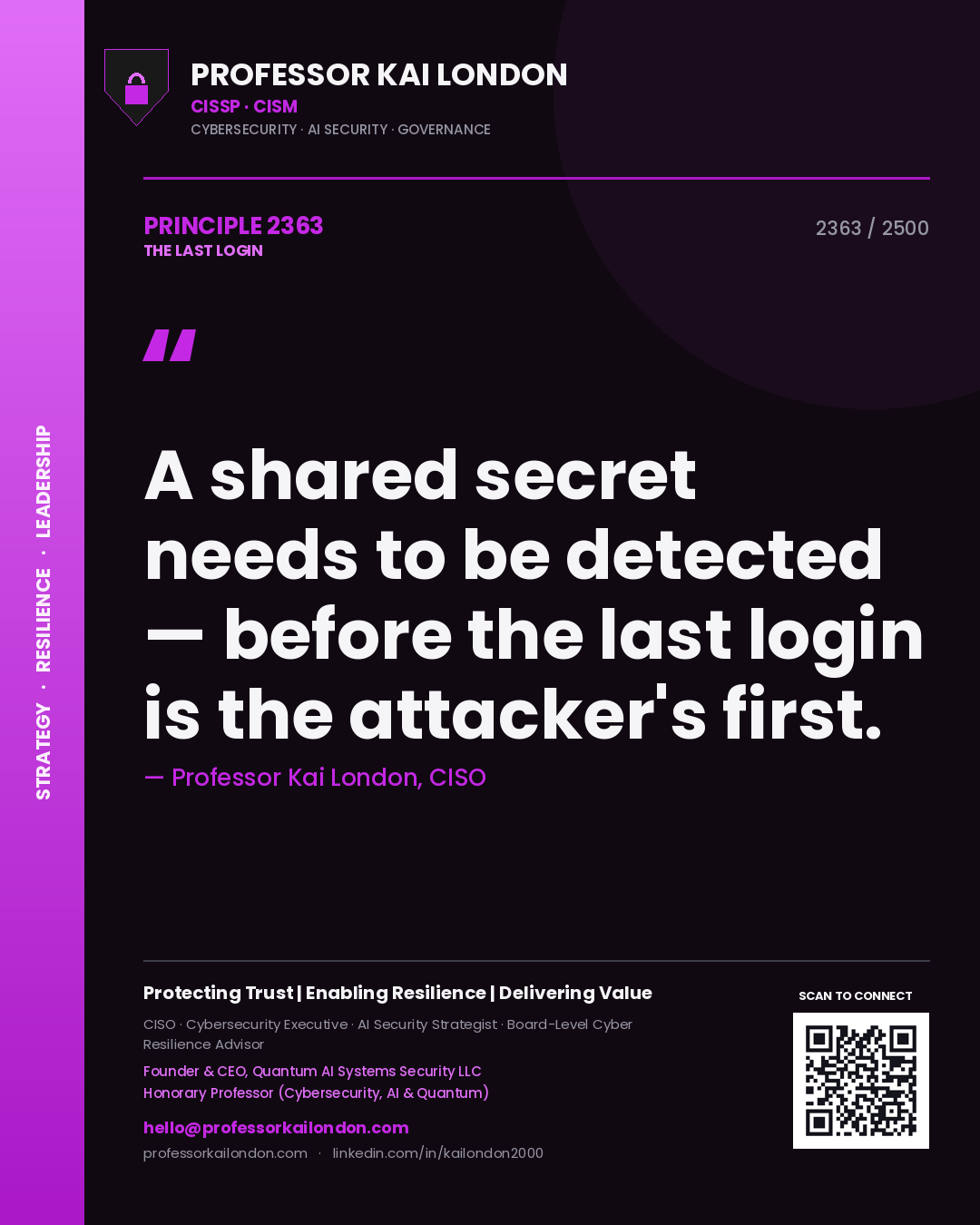 Professor Kai London principle 2363: A shared secret needs to be detected — before the last login is the attacker's first.