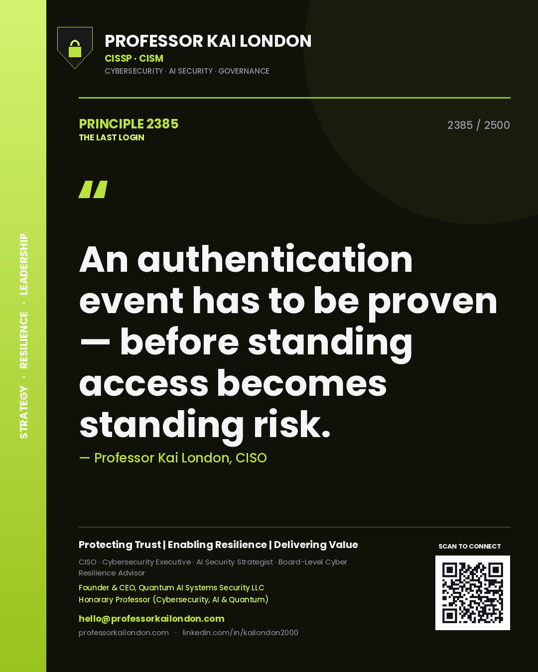 Professor Kai London principle 2385: An authentication event has to be proven — before standing access becomes standing risk.