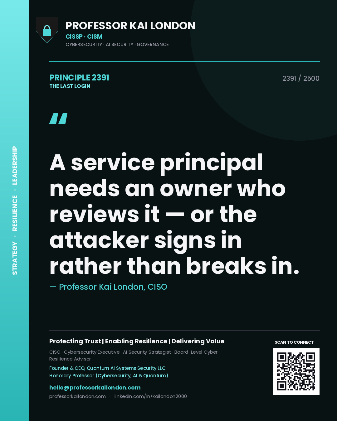 Professor Kai London principle 2391: A service principal needs an owner who reviews it — or the attacker signs in rather than breaks in.