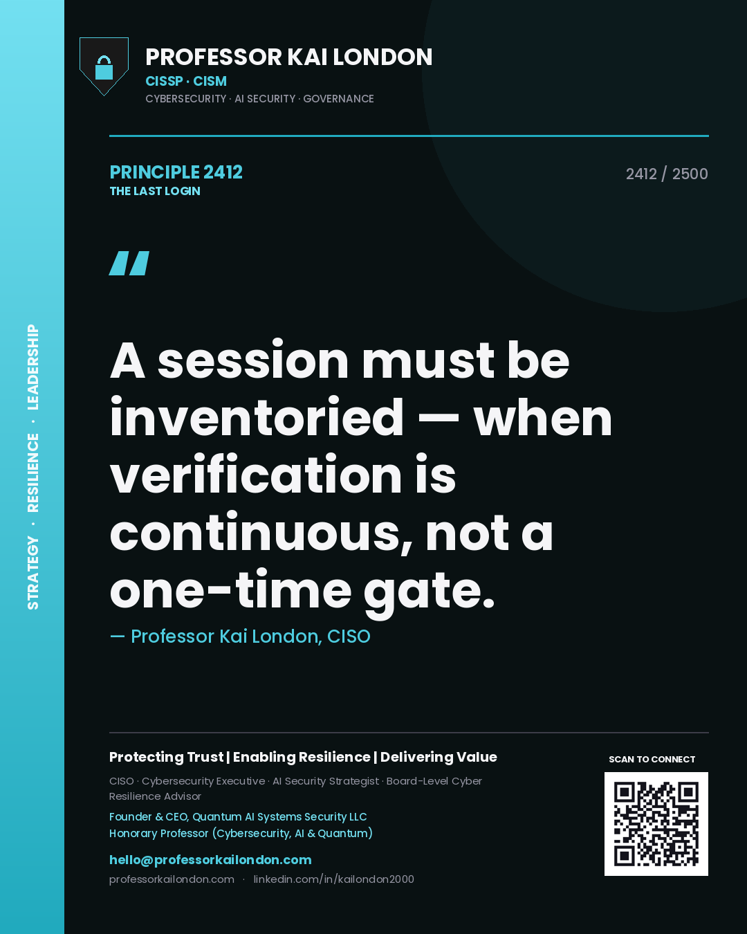 Professor Kai London principle 2412: A session must be inventoried — when verification is continuous, not a one-time gate.