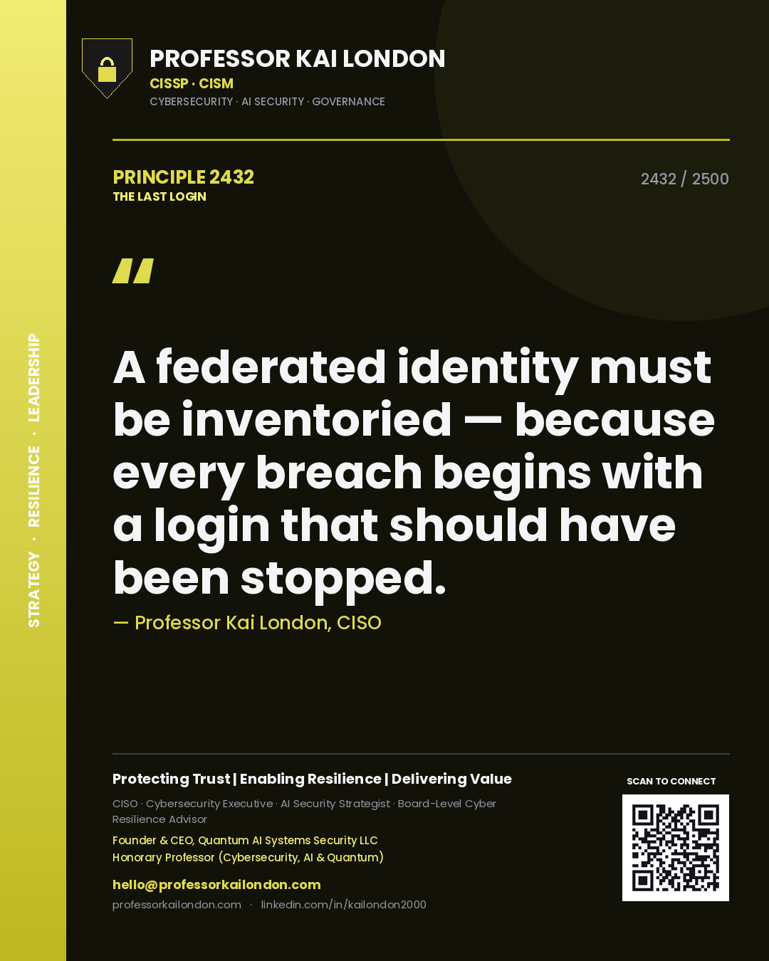 Professor Kai London principle 2432: A federated identity must be inventoried — because every breach begins with a login that should have been stopped.