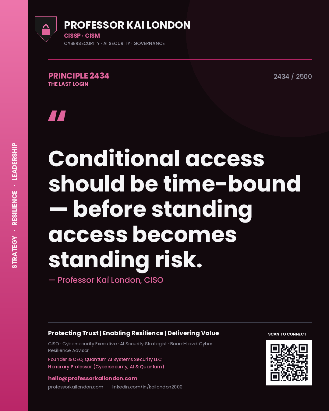 Professor Kai London principle 2434: Conditional access should be time-bound — before standing access becomes standing risk.