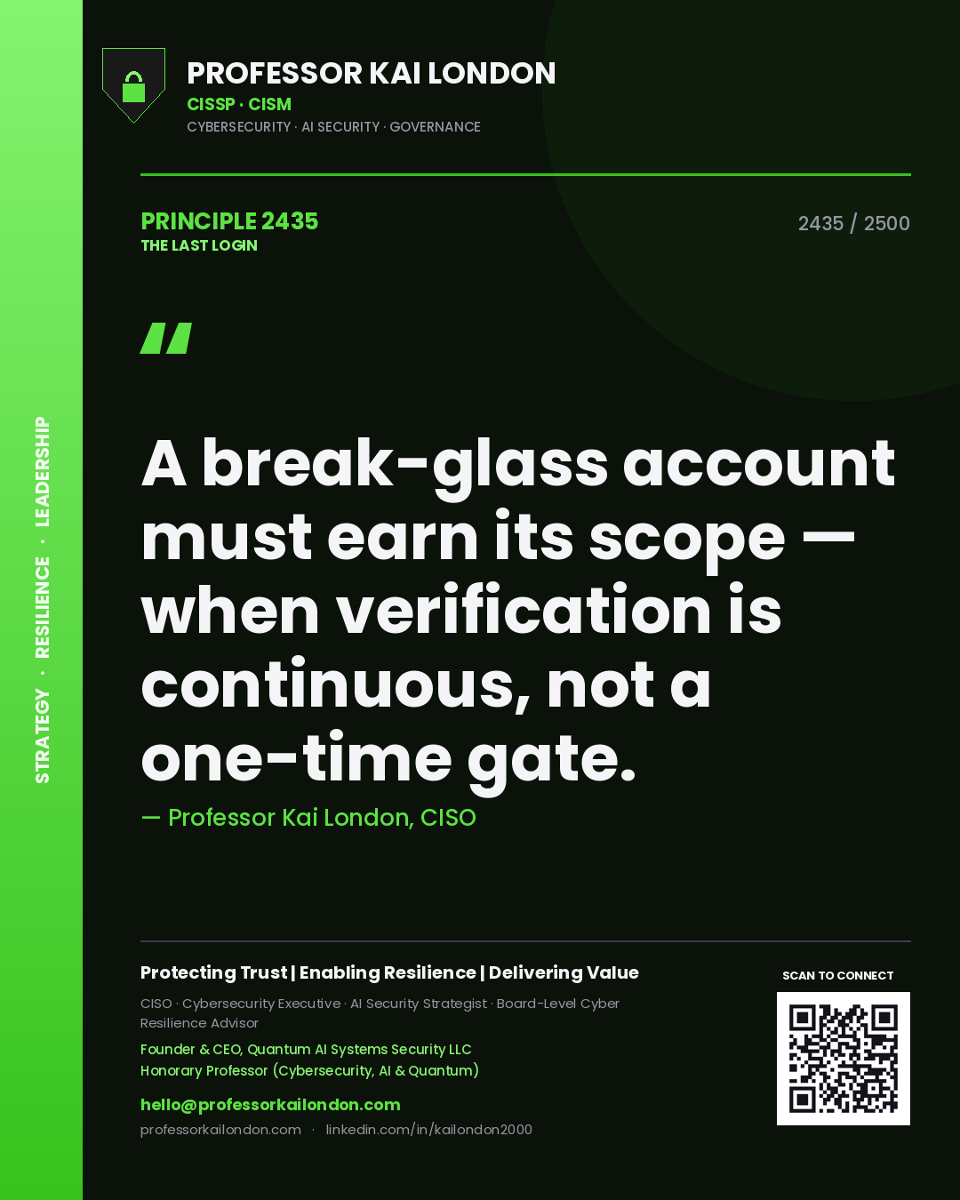 Professor Kai London principle 2435: A break-glass account must earn its scope — when verification is continuous, not a one-time gate.
