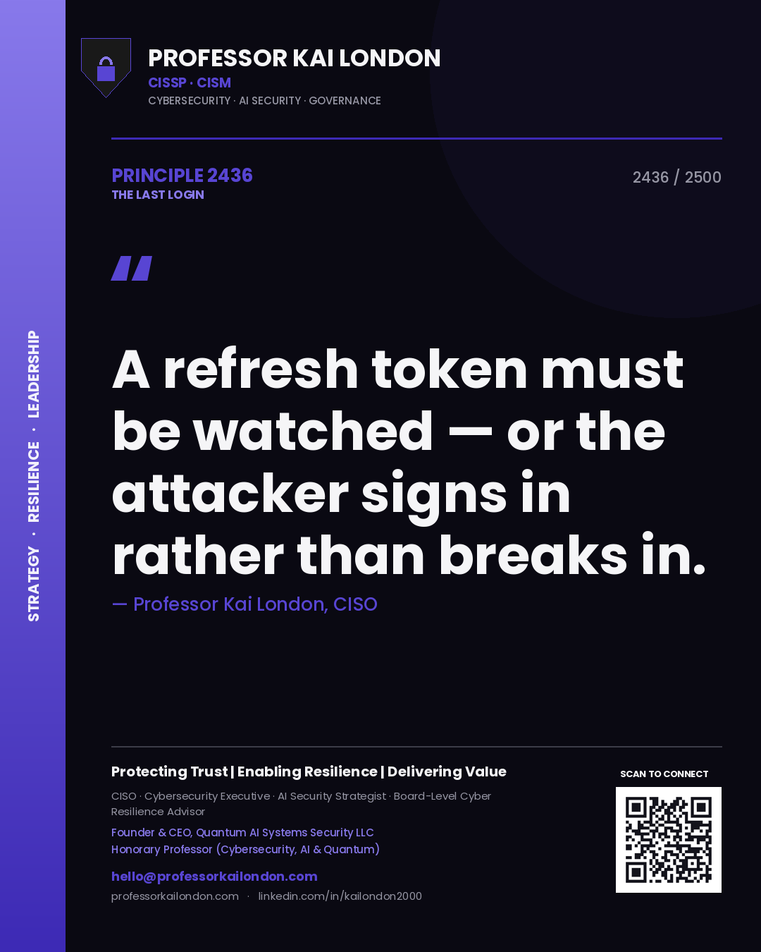 Professor Kai London principle 2436: A refresh token must be watched — or the attacker signs in rather than breaks in.