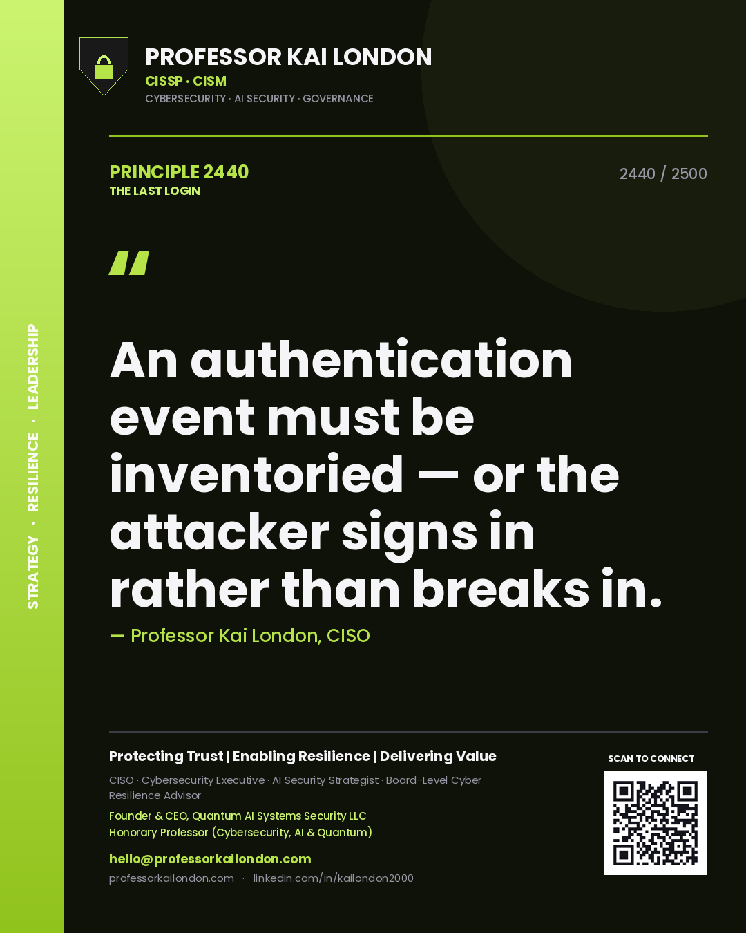 Professor Kai London principle 2440: An authentication event must be inventoried — or the attacker signs in rather than breaks in.