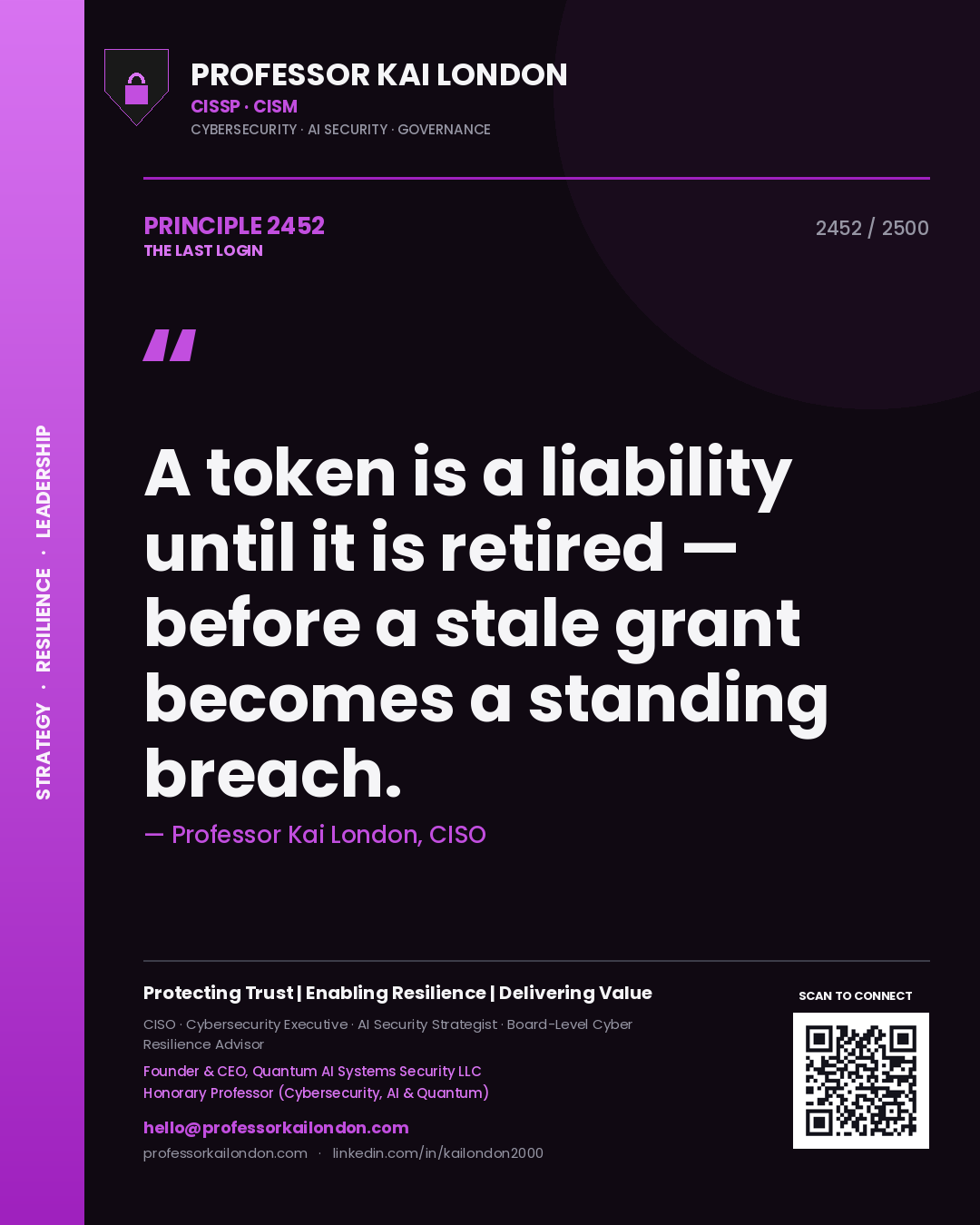 Professor Kai London principle 2452: A token is a liability until it is retired — before a stale grant becomes a standing breach.