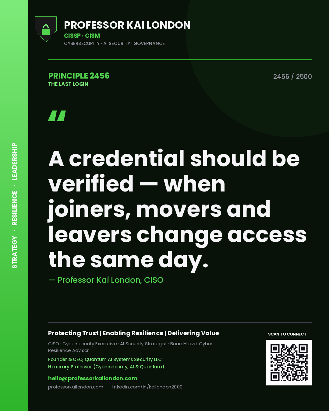 Professor Kai London principle 2456: A credential should be verified — when joiners, movers and leavers change access the same day.