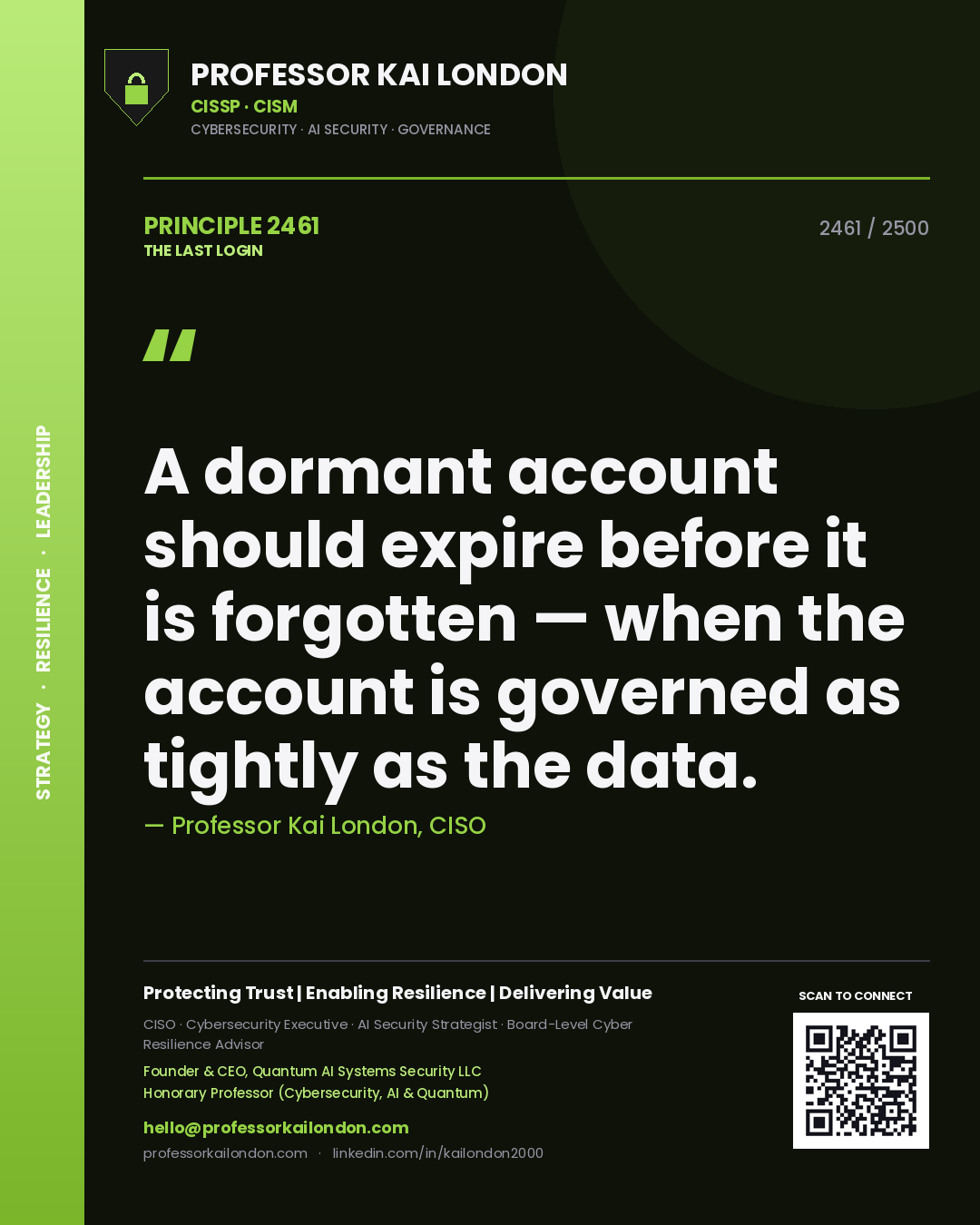Professor Kai London principle 2461: A dormant account should expire before it is forgotten — when the account is governed as tightly as the data.