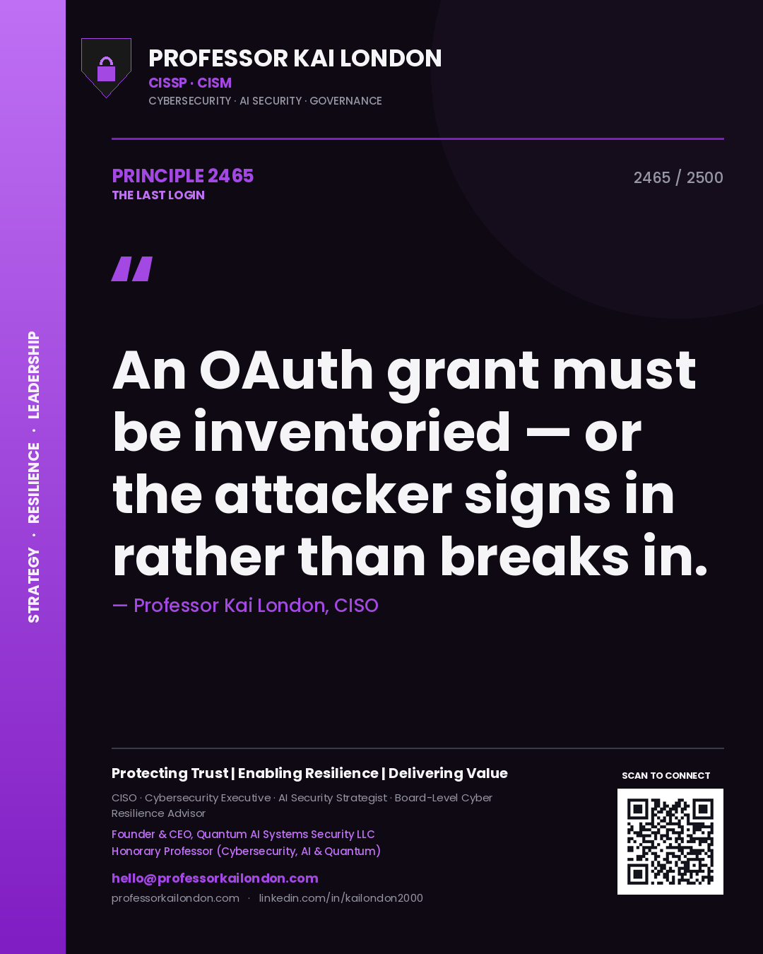 Professor Kai London principle 2465: An OAuth grant must be inventoried — or the attacker signs in rather than breaks in.